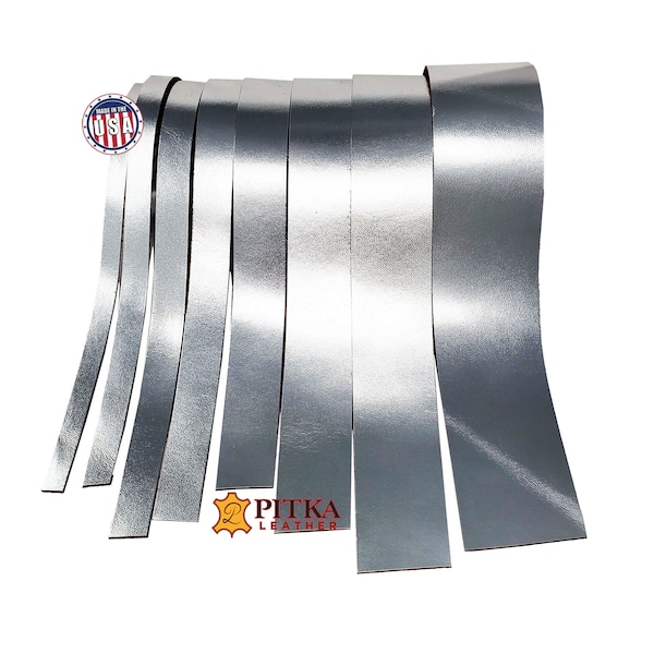 Silver Metallic Leather Strips 3.5-4 oz. Length 24 to 96 Inch - Craft, Decorations, Bags, Hat bands, Jewelry-Full Grain Cow Leather Strips