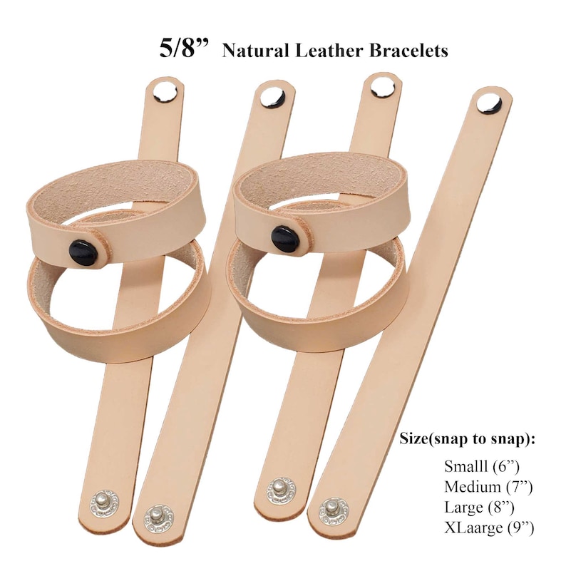 May include: Natural leather bracelets, 5/8 inch wide, with a snap closure. The bracelets are light tan in colour and feature a double-loop design with a black button. Sizes include small (15 cm), medium (18 cm), large (20 cm), and extra-large (23 cm).