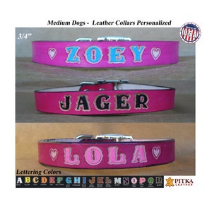 Pink Personalized Dog Collars for Medium Dog - Custom made Dog Collars -  Leather Dog Collars with Name - Free shipping in US - Made in USA