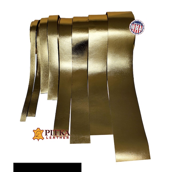 Gold Metallic Leather Strips 3.5-4 oz. Length 24 to 96 Inch - Craft, Decorations, Bags, Hat bands, Jewelry-Full Grain Cow Leather Strips