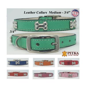 May include: Green leather dog collars, medium 3/4" wide, with bone-shaped accents and silver buckles. Additional colors include blue, orange, red, and pink. The text "Leather Collars Medium - 3/4"" is visible.