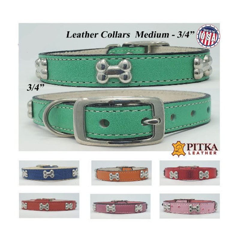 May include: Green leather dog collars, medium 3/4" wide, with bone-shaped accents and silver buckles. Additional colors include blue, orange, red, and pink. The text "Leather Collars Medium - 3/4"" is visible.