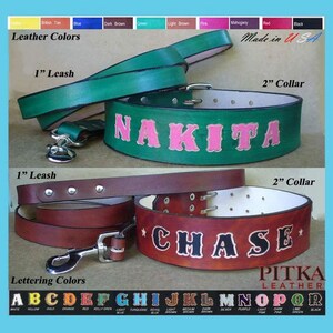 Dog Leather Collars and Leashes -  Custom Name Dog Collar - Free shipping in US - Personalized Name Dog Collar and Matching Leather Leash