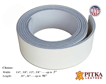 May include: A roll of white leather strip, with a gray interior, is displayed. The text "MADE IN THE USA" is visible. The product details include width options from 1/4" to 3" and length options from 24" to 96". The Pitka Leather logo is in the bottom right.