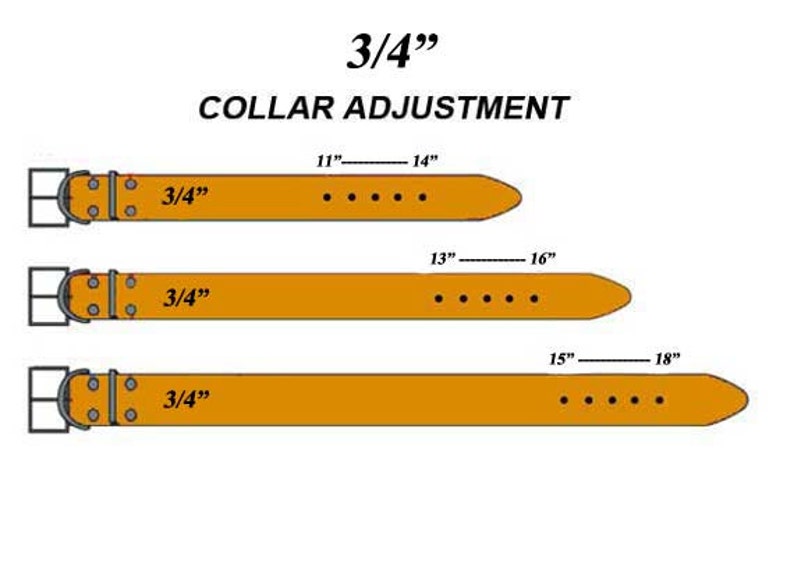 May include: Diagram of three adjustable dog collars. Each collar is 3/4" wide and made of a tan material. The top collar adjusts from 11" to 14", the middle from 13" to 16", and the bottom from 15" to 18". The text "COLLAR ADJUSTMENT" is at the top.