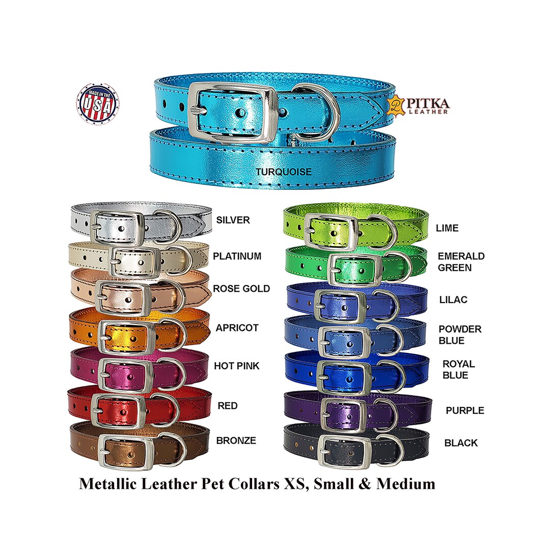 Metallic Leather Dog Collars Made in USA Quality Cowhide Metallic