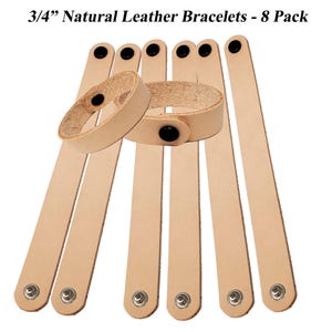 May include: Eight natural leather bracelets, each approximately 1.9 cm wide, with black snap closures. The bracelets are a light tan colour and are arranged on a white background. The text "3/4" Natural Leather Bracelets - 8 Pack" is at the top.