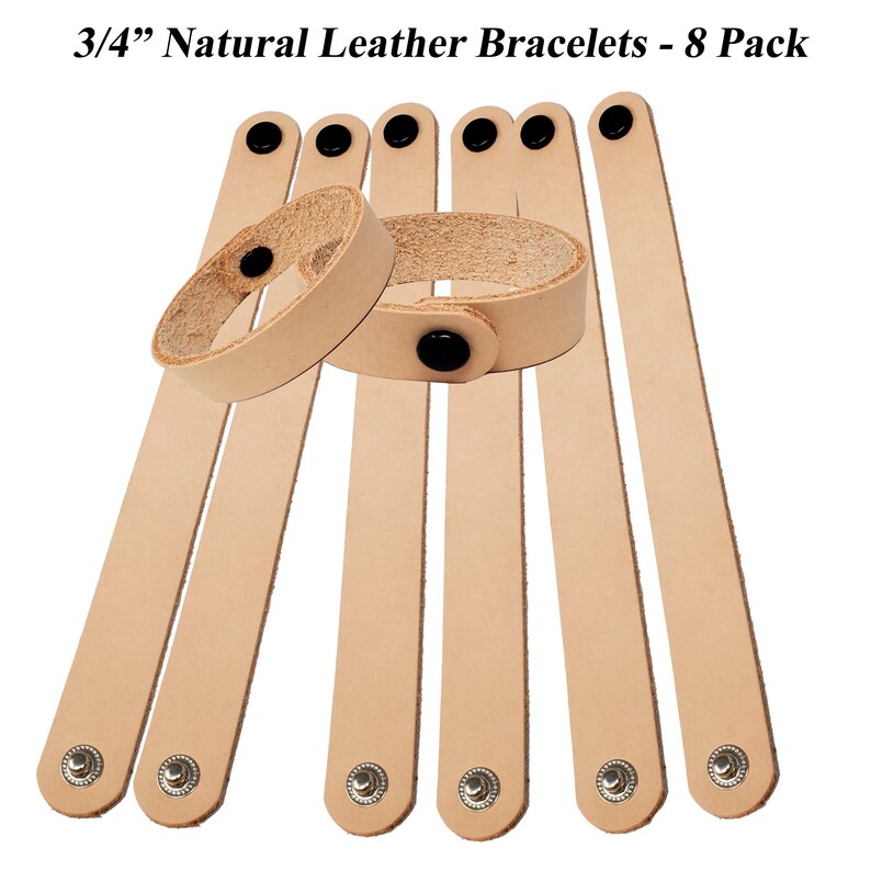 May include: Eight natural leather bracelets, each approximately 1.9 cm wide, with black snap closures. The bracelets are a light tan colour and are arranged on a white background. The text "3/4" Natural Leather Bracelets - 8 Pack" is at the top.