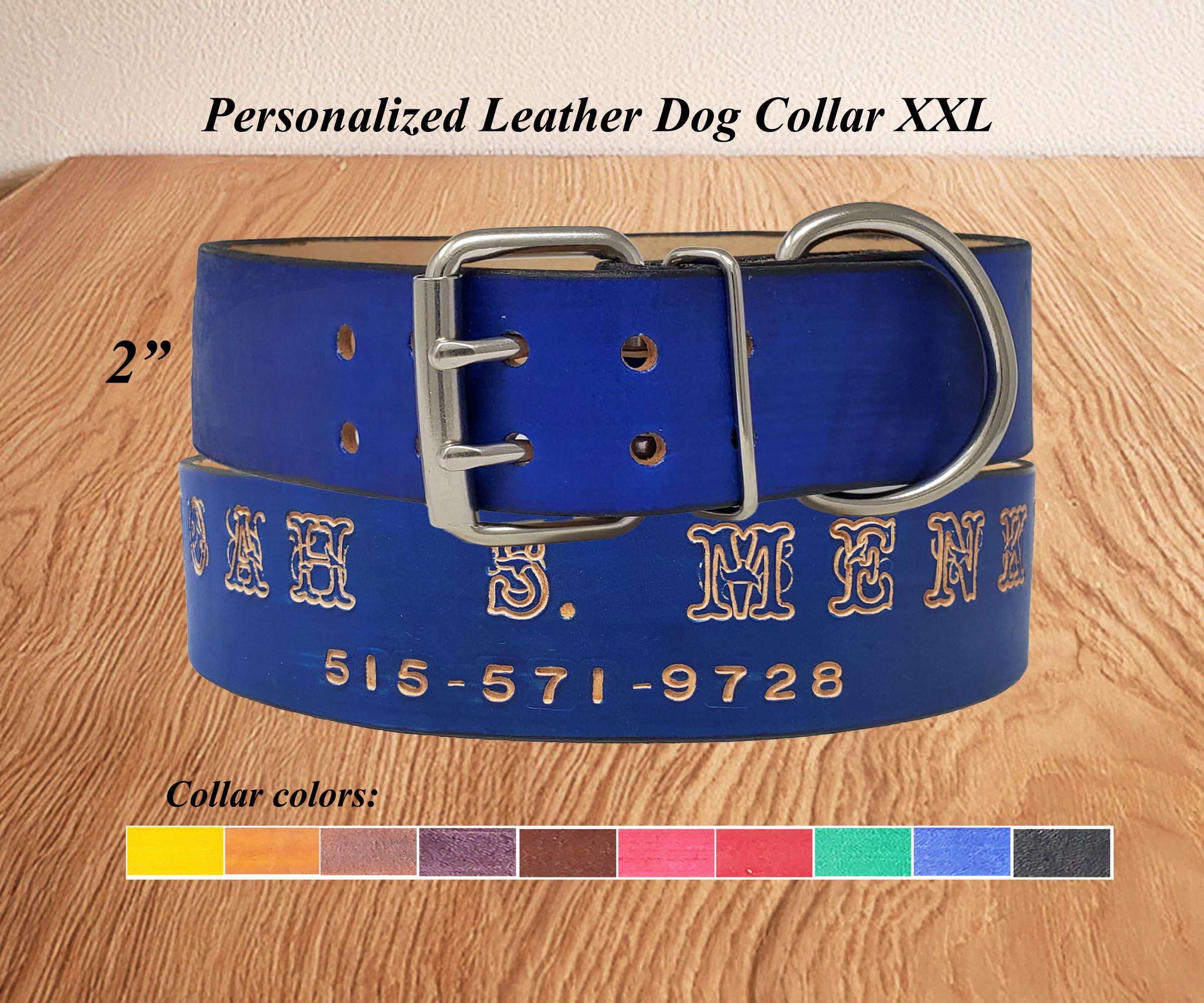 Personalized Leather Dog Collar: Handmade 2-Inch Wide Collar, Hand Stamped