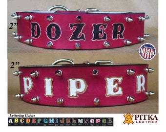 Red Spiked Pit bull Collars  - Leather Spiked Dog Collars for Pit bulls - 2 inch wide  Spiked Pit bull Collars Personalized with Name - USA