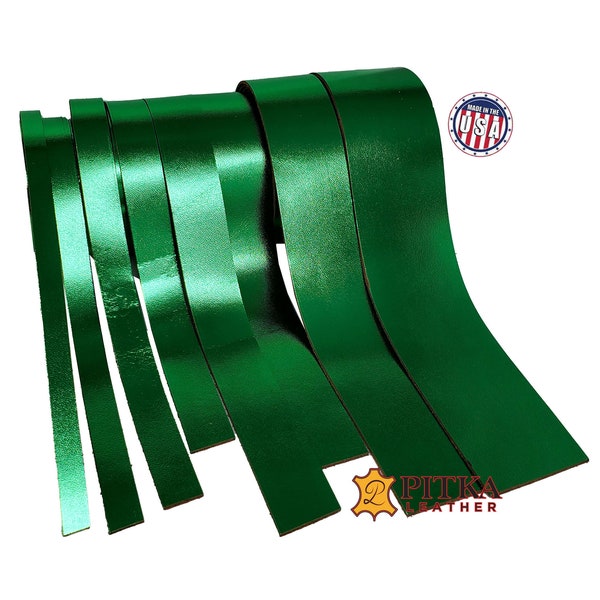 Metallic Leather Strips Emerald Green 3.5-4 oz. Length 24" to 96"-Craft, Decorations, Bags, Hat bands, Jewelry-Full Grain Cow Leather Strips
