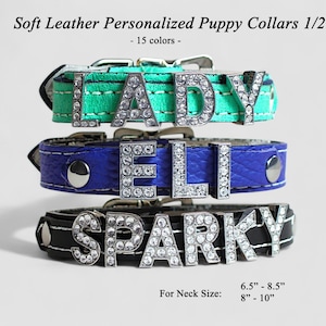 Personalized Leather Puppy Collar with Rhinestone Name - Handmade XS Dog Collar