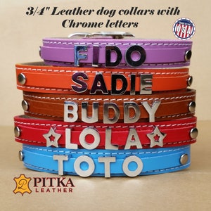 Bling Leather Collars for Medium Dog - Custom made Collar with Chrome Name - Quality Bling Dog Collars Handcrafted in USA - Pet Bling Collar