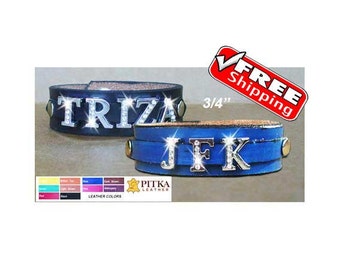 Personalized Leather Bracelets with half Rhinestone letters - Bling Custom Cuffs Made in USA - Bling Wristbands 3/4 in - Free shipping in US