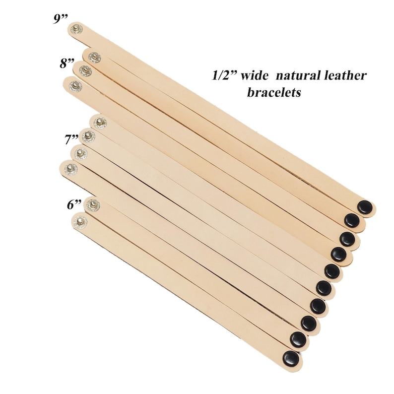 May include: Natural leather bracelets in various lengths, from 15.2 cm to 22.9 cm, each 1.3 cm wide. The bracelets have black snap closures and are displayed on a white background. Text on the image reads "1/2" wide natural leather bracelets."