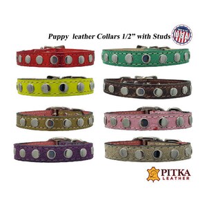 Puppy Leather Collar with Flat Studs - Studded Leather Dog Collars - Cute Tiny Dog Collars Handcrafted in USA - Quality Studded Pet Collars