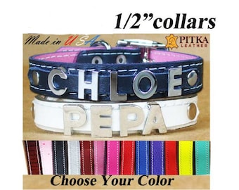 Personalized Bling Collars for Toy Dogs - XS Leather Dog Collars Personalized - Bling Puppy Collar - Chrome Name Pet Collar - Made in USA