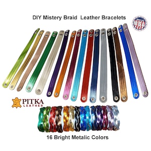 May include: A collection of colorful leather bracelets in various metallic shades, including green, gold, purple, and red. The image also displays braided bracelets in 16 bright metallic colors. Text on the image reads "DIY Mistery Braid Leather Bracelets" and "Made in the USA."