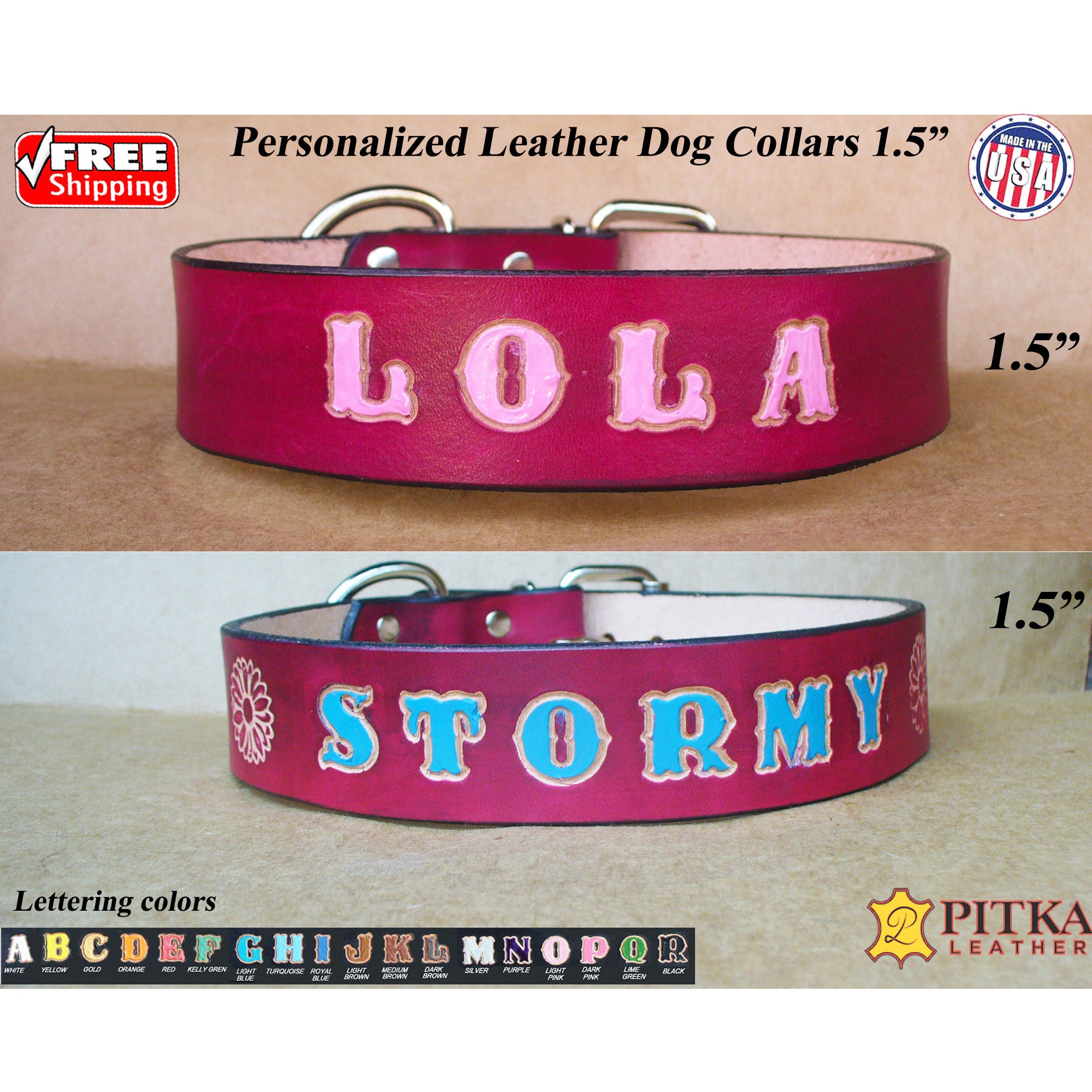 Custom Dog Collars 1 Inch Tan Dog Collar Personalized Made in USA by Pitka Leather Personalized Leather Dog Collar
