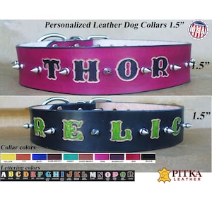 Custom Leather Dog Collars with Spikes - Spiked Personalized Dog Collar - Free shipping in US - Durable Collars for Big Dogs XL made in USA