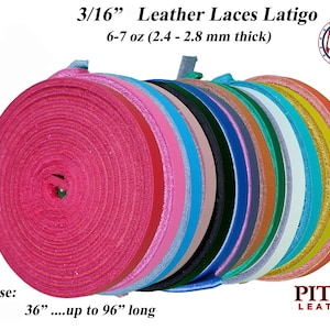 May include: A selection of colorful leather laces in various shades, including pink, blue, green, and orange. The laces are 3/16" thick and available in lengths from 36" to 96". The image also includes the text "Leather Laces Latigo" and "Made in the USA".