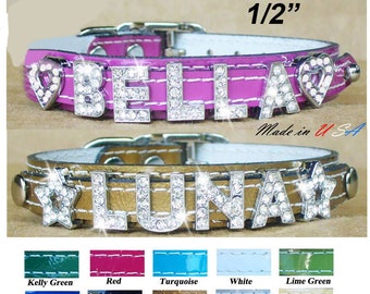 Rhinestone Name Puppy Collars - Personalized Bling Dog Collars XS - Shiny, soft Puppy Collar - Toy Dog Bling Leather Collar - Made in USA