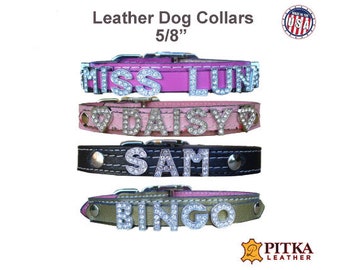 Rhinestone Name Dog Collars - Personalized Puppy Collar With Rhinestone letters - Bling Leather Collar Small - Sparkly Collars made in USA