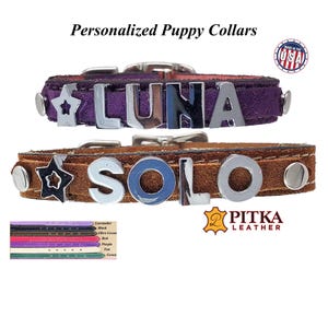 Soft Puppy Collars Personalized - XS Chrome Name Puppy Collars - Bling Leather Suede Toy Dog Collar made in USA - Tiny Bling Pet Collars
