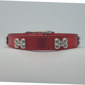 May include: A red leather dog collar with silver-colored bone-shaped accents. The collar has a silver-colored buckle and is designed for a pet. The collar is a vibrant red color.