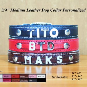 May include: Three personalised leather dog collars stacked, each with a different name spelled out in silver letters. The top collar is navy blue, the middle is red, and the bottom is brown. The collars are 1.9 cm wide and come in various colours and sizes.