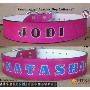 Pink Dog Collars with Name - Custom made XXL Leather Dog Collars - Free shipping in USA - Durable Leather Collar for Big Dog - made in USA