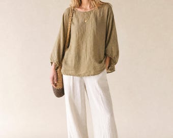 Dames linnen katoenen blouse 3/4 mouw loose fit top casual oversized zomertuniek minimalistisch natuurlijk shirt