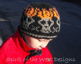 Knit Hat Pattern Flaming Skulls Toque Toddler Child Teen Adult beanie knitting earwarmer textured Slouch one-skein PDF Instant Download