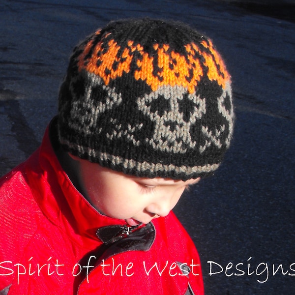 Knit Hat Pattern Flaming Skulls Toque Toddler Child Teen Adult beanie knitting earwarmer textured Slouch one-skein PDF Instant Download