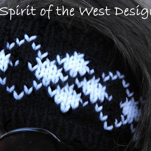 May include: Black and white knitted headband with a geometric pattern. The headband is made of soft yarn and is perfect for keeping your ears warm in the winter.
