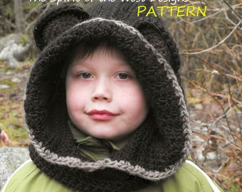 Crochet Bear Hood Pattern Snood for toddler child teen bulky wool neckwarmer cowl hat ears hooded scoodie hoodie hoody PDF Instant Download