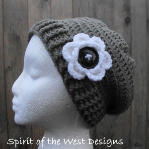 Crochet Pattern Daffodil Slouch Hat with Flower Toddler Child Teen Adult Sizes Slouchy toque beanie earwarmer ribbed PDF Instant Download