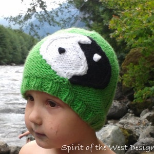 May include: A child wearing a green knit hat with a white and black yin yang design. The hat features a white sheep on one side and a black yin yang symbol on the other side. The child is standing in front of a river and rocks.