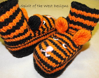 Tiger Slippers Knitting Pattern 7 sizes Toddler child teen Adult Slipper socks boots knit booties house shoe moccasin loafers bootees PDF