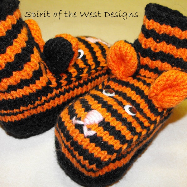 Tiger Slippers Knitting Pattern 7 sizes Toddler child teen Adult Slipper socks boots knit booties house shoe moccasin loafers bootees PDF
