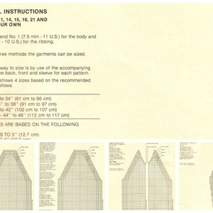 May include: A knitting pattern chart with instructions for sizes small to extra large, measuring from 32 to 46 inches. The chart includes measurements in both inches and centimeters. The chart is titled "General Instructions Patterns 1, 14, 15, 16, 21 and Design Your Own."