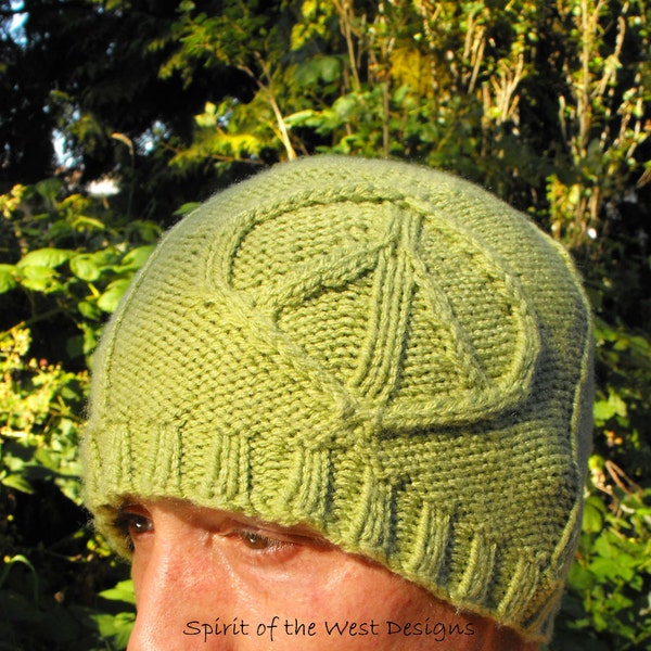 Knit Hat, Peace Sign, Knitting Pattern, Beanie, Knit hat pattern, peace symbol, cable hippi boho love winter toque mens mans hat, pdf