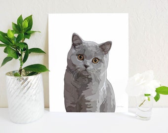 British Shorthair Cat Art Print, Blue British Shorthair Cat Gifts, British Shorthair Cat Portrait, Grey Cat Memorial, Gray Cat Portrait