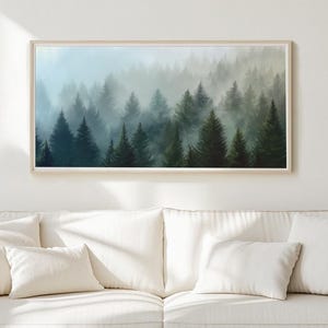 Foggy Pine Forest Canvas Wall Art, Misty Evergreen Woodland Nature Print, Tranquil Landscape Painting, Nordic Forest Home Decor