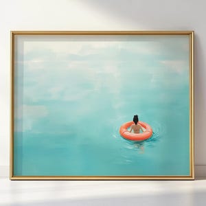 Girl Floating in Pool Art Print – Minimalist Summer Wall Art – Woman in Water - Artwork for Spa, Beach House, or Bathroom Decor - Canvas Art
