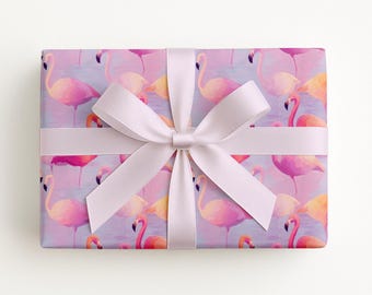 Papel de regalo con flamencos, rollo de papel de regalo de verano, estampado divertido y brillante, papel de regalo tropical con flamencos rosas.