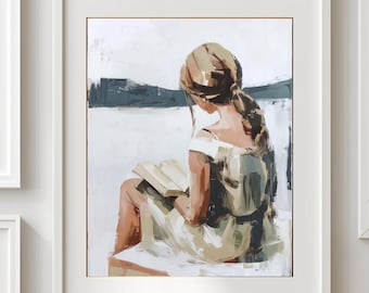 Girl Reading Wall Art, Abstract Girl with Book Print, Young Girl Reading Art, Modern Bedroom Decor, Book Lovers Gift, Bedroom Wall Art