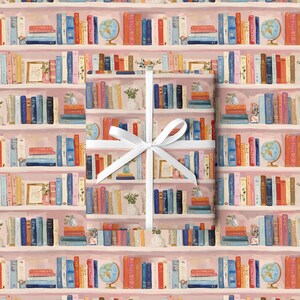 Papel de regalo con forma de estantería, papel de regalo para amantes de los libros, papel de regalo para lectores, papel de regalo para libros de biblioteca, papel de regalo para amantes de las plantas, papel de regalo para lectores. imagen 2