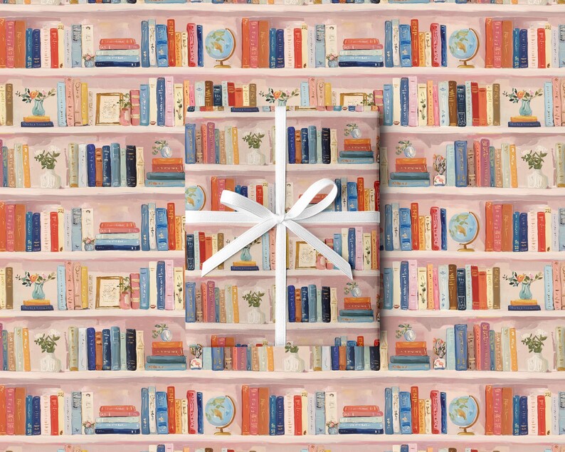 Papel de regalo con forma de estantería, papel de regalo para amantes de los libros, papel de regalo para lectores, papel de regalo para libros de biblioteca, papel de regalo para amantes de las plantas, papel de regalo para lectores. imagen 2