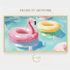 Könnte beinhalten: Gerahmtes Kunstwerk mit einem rosa Flamingo-Schwimmring und einem gelben Schwimmreifen in einem Pool. Der Hintergrund ist hellblau und türkis. Der Text "FRAME TV ARTWORK" befindet sich oben.